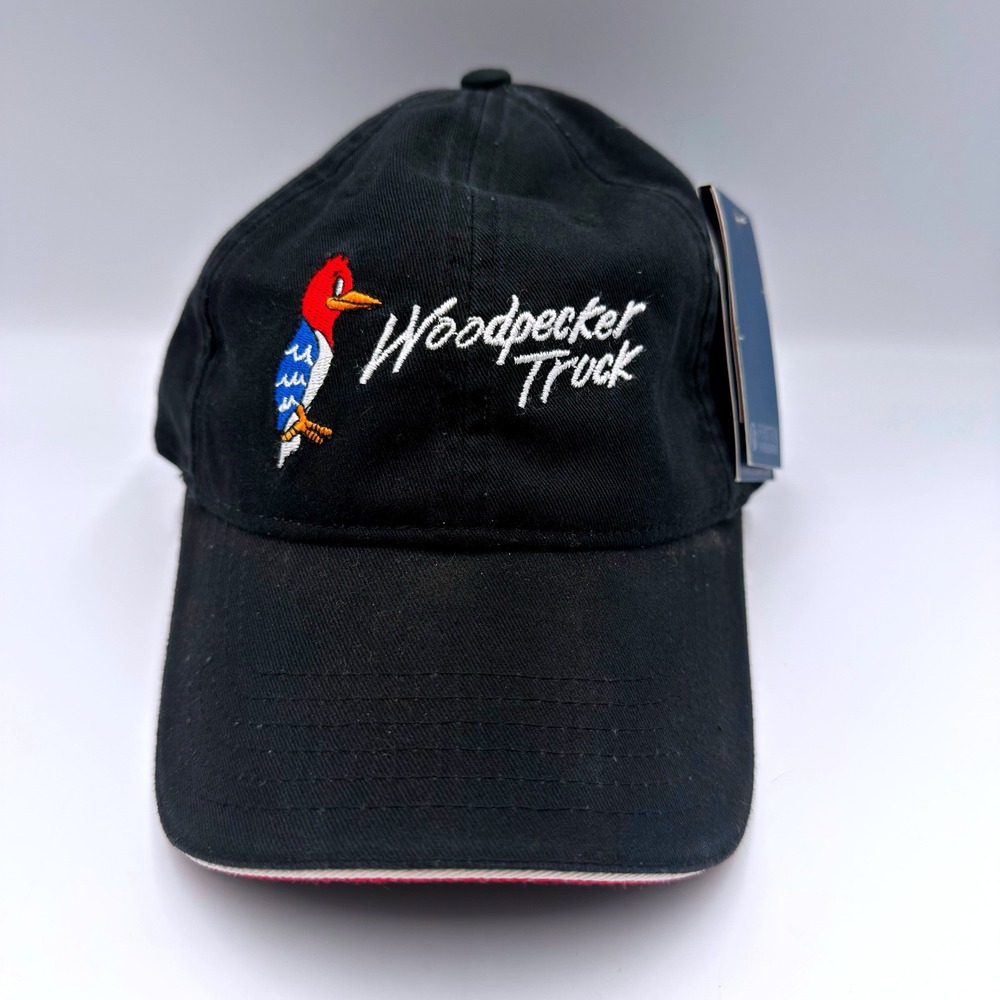 Fersten Worldwide VTG Woodpecker Truck Hat Black Red Embroidered Strapback NWT